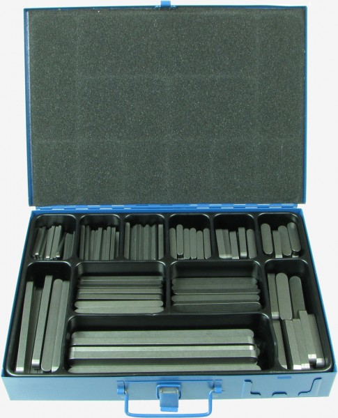 Abbildung des Sortimentskasten Passfedern DIN 6885A C45 +C, Koffer aus Metall mit Hammerschlaglackierung in blau
